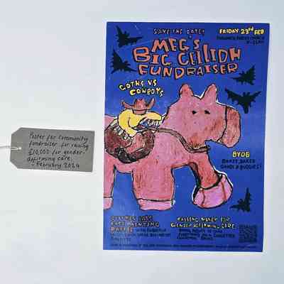 Poster for "Meg's Big Ceilidh Fundraiser. It has a dark blue background and depicts a cartoon cowboy on a horse surrounded by bats. With a brown, handwritten luggage tag.