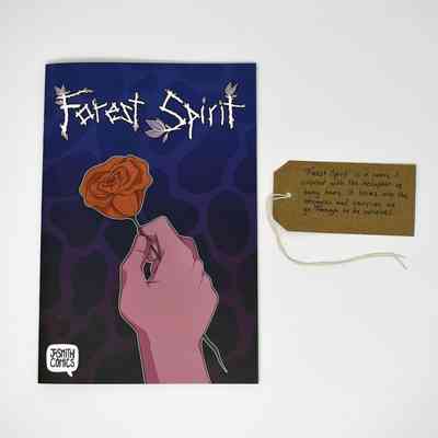 The image shows a comic book titled "Forest Spirit" with a brown tag with writing on it.