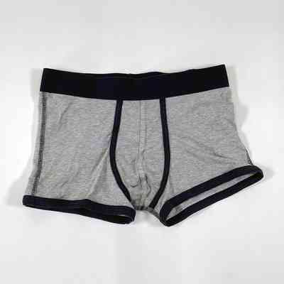 A pair of grey boxer shorts, with blue trim.