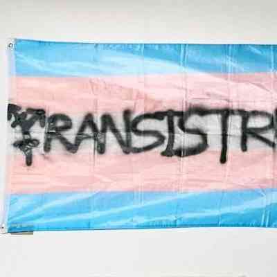 Blue, pink and white trans flag with black text spraypainted across the middle; text reads "TRANSISTRRR", with the first T replaced with a gender arrow symbol.