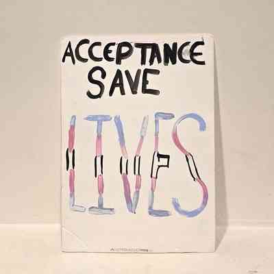 A placard which has a white background and is black says 'Acceptance Saves' and then in trans flag colours 'Lives'.