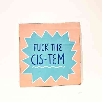 An orange cardboard placard with the slogan "FUCK THE CIS-TEM" in black lettering win a grey starburst.