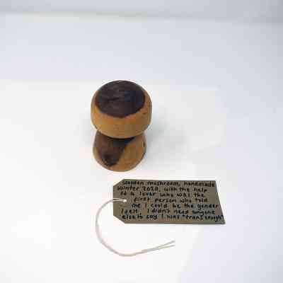 A handmade wooden mushroom. With a brown, handwritten luggage tag.