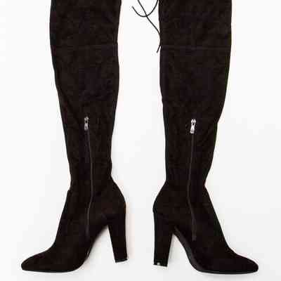 The image features a pair of black, high-heeled over-the-knee boots with zippers