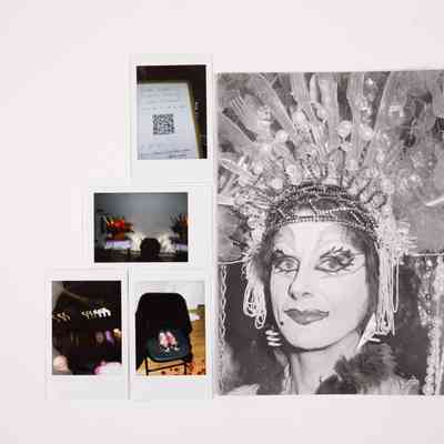 The image features four Polaroids and a black-and-white photo of a person wearing a very fancy looking head dress which is sparkly.