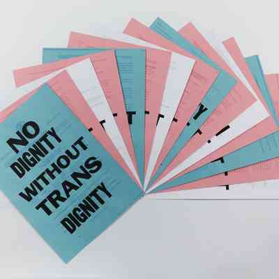 A set of blue, pink and white posters which say different phrases. The top blue poster is visible and says "No dignity without trans dignity" in black text.