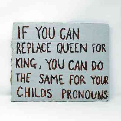 A placard which is a light blue and has writing painted on it saying 'If you can replace queen for king, you can do the same for your childs pronouns'.