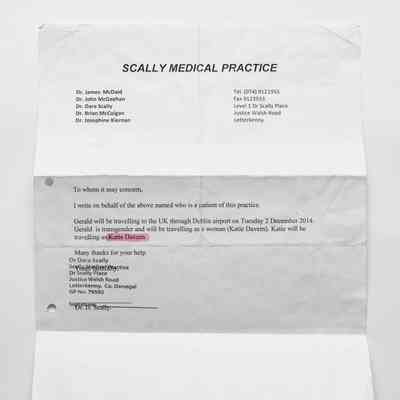 A letter from the Scally Medical Practice informing that Katie Davern will be travelling to the UK.