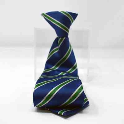 Blue school tie with silver and green stripes.