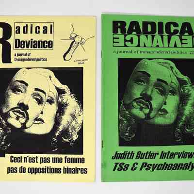The image shows two "Radical Deviance" journal covers, one is a light yellow and the other green. There is a photograph on each one of a person with curly long blonde hair and a mask in front of them.
