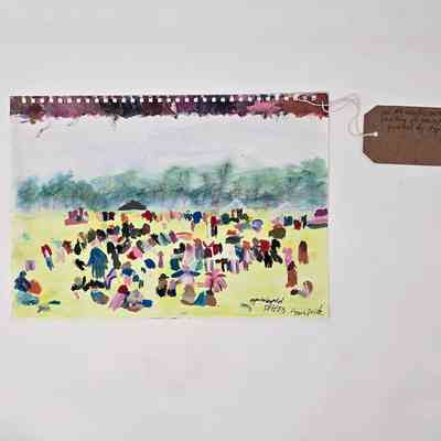 A painting of a beach with lots of people sat on the sand.