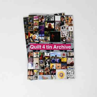 Two identical booklets, whose cover is a collage of many different images. It's title, "Quilt 4 tin Archive" is in white text on a pink background in the center of the cover.