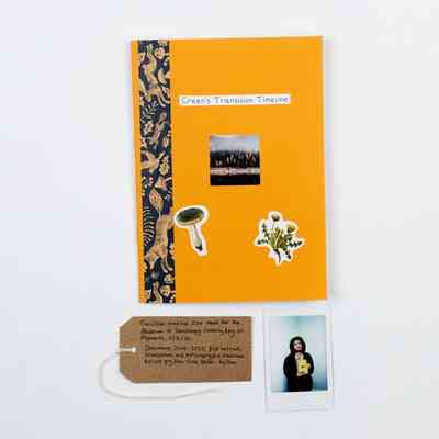 An orange booklet with stickers and photos is titled "Green’s Transition Timeline," accompanied by a handwritten tag and a polaroid.
