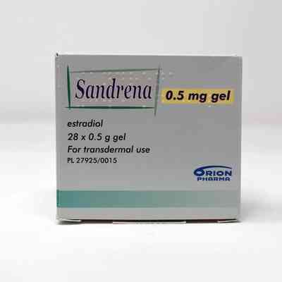 A box of Sandrena 0.5 mg gel for transdermal use containing 28 sachets.