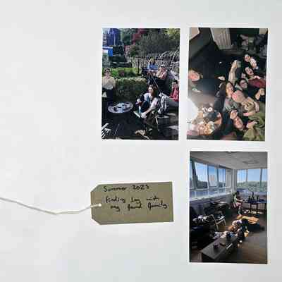 Three photos capture a group enjoying summer 2023, labeled as "found family" moments.