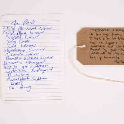 The image shows a sheet of lined paper with a list of writing . Next to it is a brown tag with handwritten text.