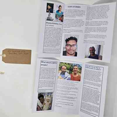 Two pages of a leaflet celebrating LGBT Jews of colour. It features pictures of people, their stories and other information. With a brown, handwritten luggage tag.