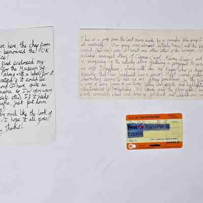 Train ticket & card. Ticket to Hull "single", blue cut out lettering stuck on with cellotape "First transpenis Express".