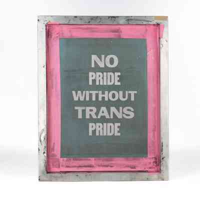 The image displays a printing screen with the words, "No Pride Without Trans Pride," framed in pink.