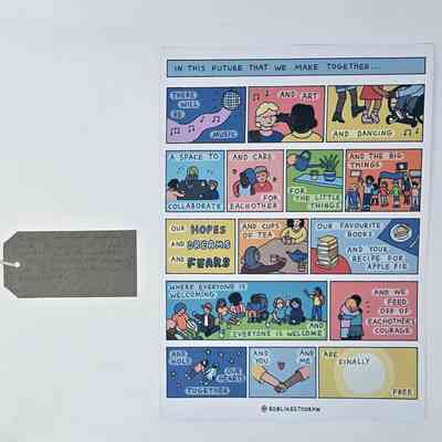 A colourful comic strip highlight importance of community. With a brown, handwritten luggage tag.