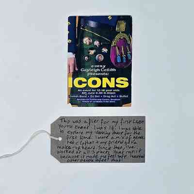 The image shows a youth event poster and handwritten note, sharing a personal story about self-discovery.