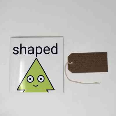 A small book entitled "shaped". The cover is white and shows a green triangular shaped cartoon character outlined in black. With a brown, handwritten luggage tag.