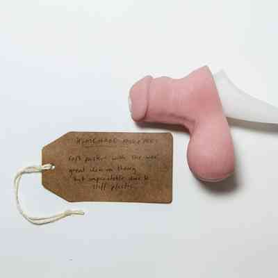 Prosthetic penis with "She Wee" attachment & tag; silicone, pink moulded penis & testicles with detailing of skin & hairs. Has been adapted with white plastic "Shee wee", trough and pipe have been inserted through penis base and head. Penis has flat base (back) across penis & testicles.