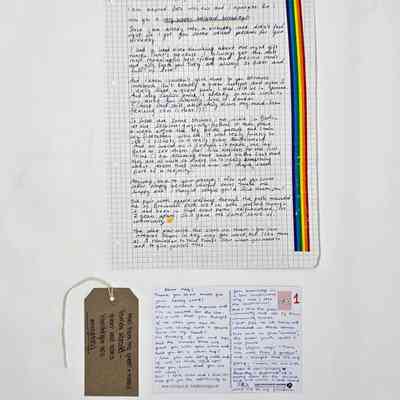 A letter, written on squared paper highlighted with rainbow tape, and a postcard. Both to Meg. With a brown, handwritten luggage tag.