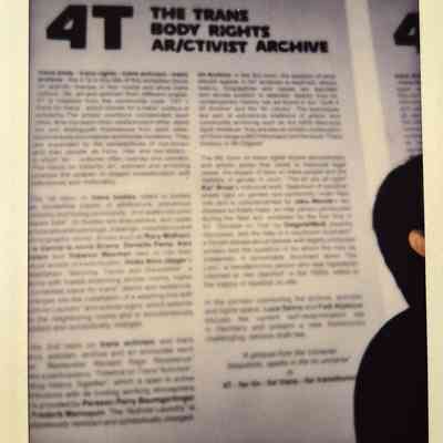 The image shows a blurred text about "The Trans Body Rights Ar/ctivist Archive".