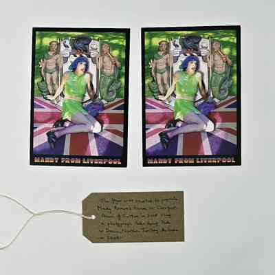 Two identical promotional flyers for a "Mandy from Liverpool" event. The depict a person with blue hair wearing a green top and short skirt. With a brown, handwritten luggage tag.