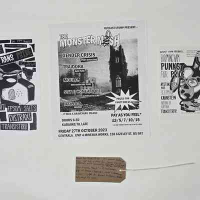 The image shows three black-and-white punk-themed event posters with band names and dates.