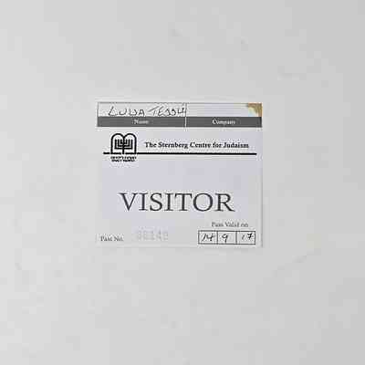 A white Visitor Pass for The Sternberg Centre for Judaism, in the name of Luisa Tebble.