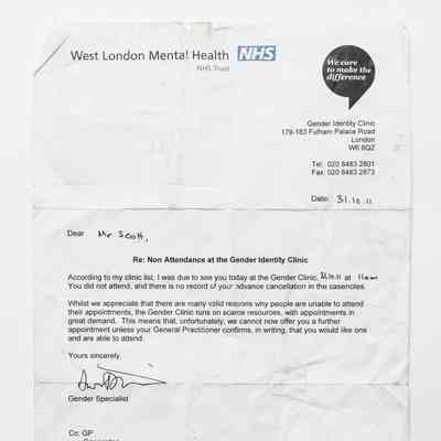A letter from a gender identity clinic addresses non-attendance and requests confirmation.