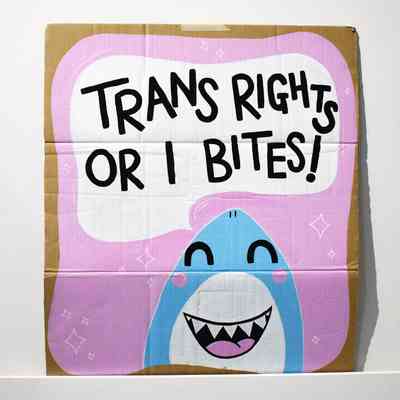 The sign displays a smiling shark and reads, "Trans rights or I bites!" in bold letters.