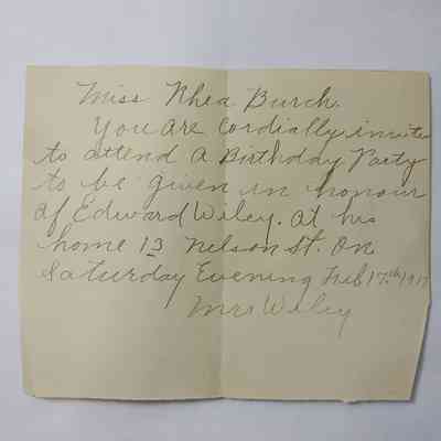 Birthday party invite to Rhea Burch - Feburary 1917