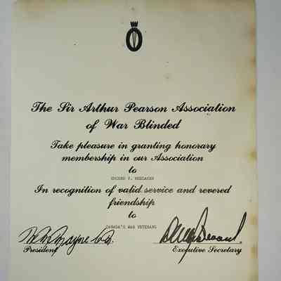 Honorary member certificate for Canada's war veterans