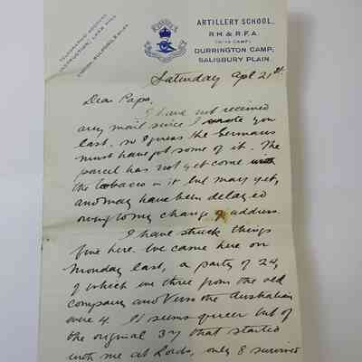 Letter from Harry Dell Anger to his father - April 22nd 1917