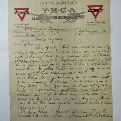 YMCA correspondence letter to Rhea - December 1916