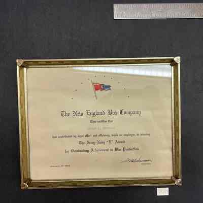 New England Box Company Dwight E. Jennings Certificate for Outstanding Achievement in War Production