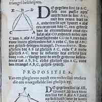          The Six First Books of Euclid; The image shows a page of Euclid's propositions, featuring geometric diagrams and Dutch text.
   