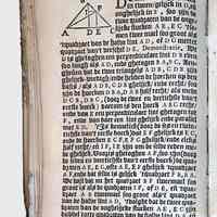          The Six First Books of Euclid; The image shows a page from an old book featuring diagrams and text in Dutch.
   
