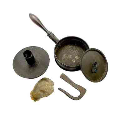 Tinderbox, striker, flint, damper, candle stick
