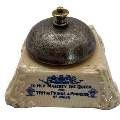 Shop counter bell, showing inscription to Her Majesty the Queen and THR the Prince and Princess of Wales