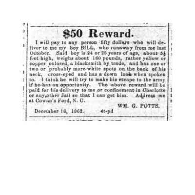$50 Reward for returning "Bill" to William G. Potts: "click" on above link to "Article - Plantations Near Davidson"