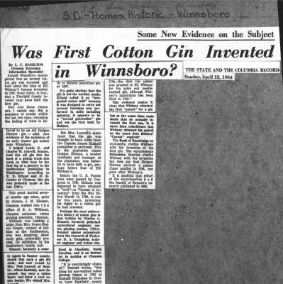 Was First Cotton Gin Invented in Winnsboro?