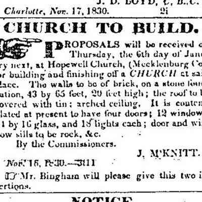 Hopewell Church to replace Wooden building with Brick - 1830