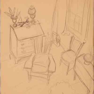 Untitled (Study of Desk, Two Chairs, and Table in Front of Window, from Elevated Viewpoint)