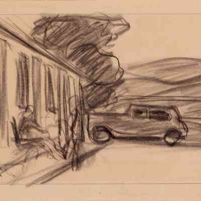 Untitled (Study of Car Parked in Front of Building, with Two Figures)