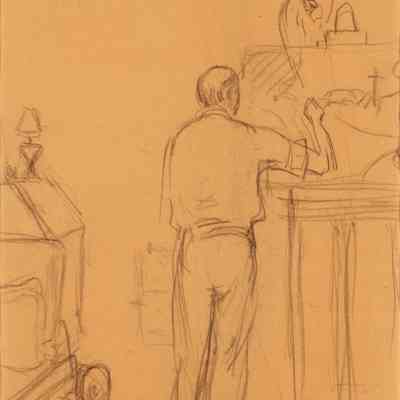 Untitled (Study of Edward at Easel Seen from Rear, Armchair and Desk at Left)