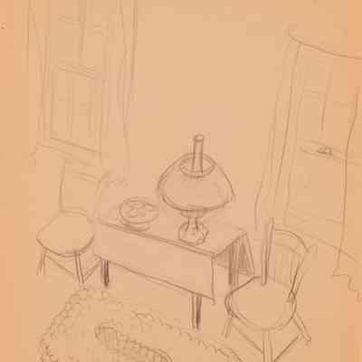 Untitled (Study of Hopper House Interior with Chairs, Table, Rug, and Two Windows)